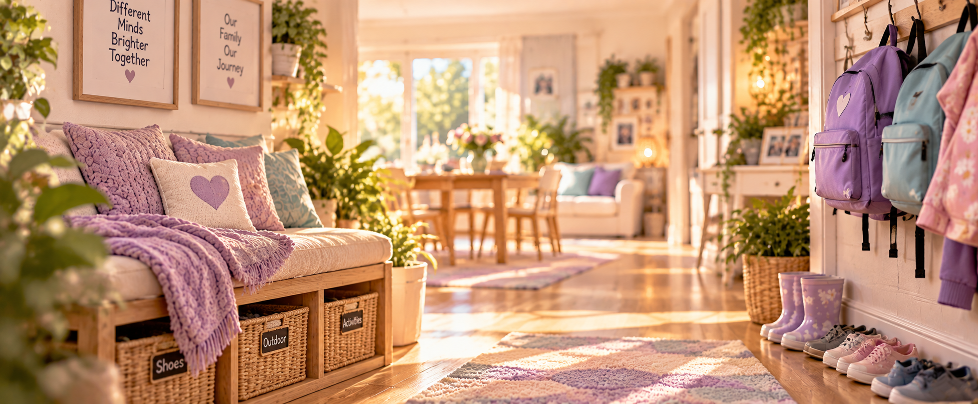 Family routines and everyday life visual showing an organised, welcoming home entryway