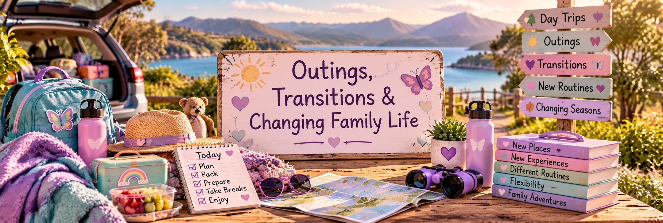 Outings and transitions visual with planning checklist, sensory-friendly travel items, map and day-trip signs