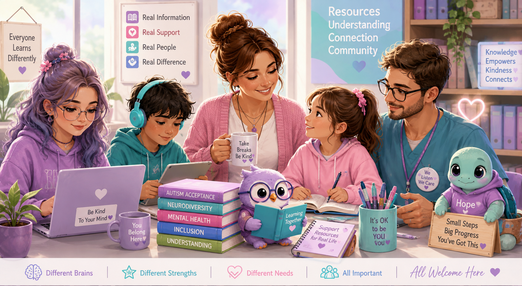 Illustration representing people finding learning, family, professional and support resources through Aspie Answers