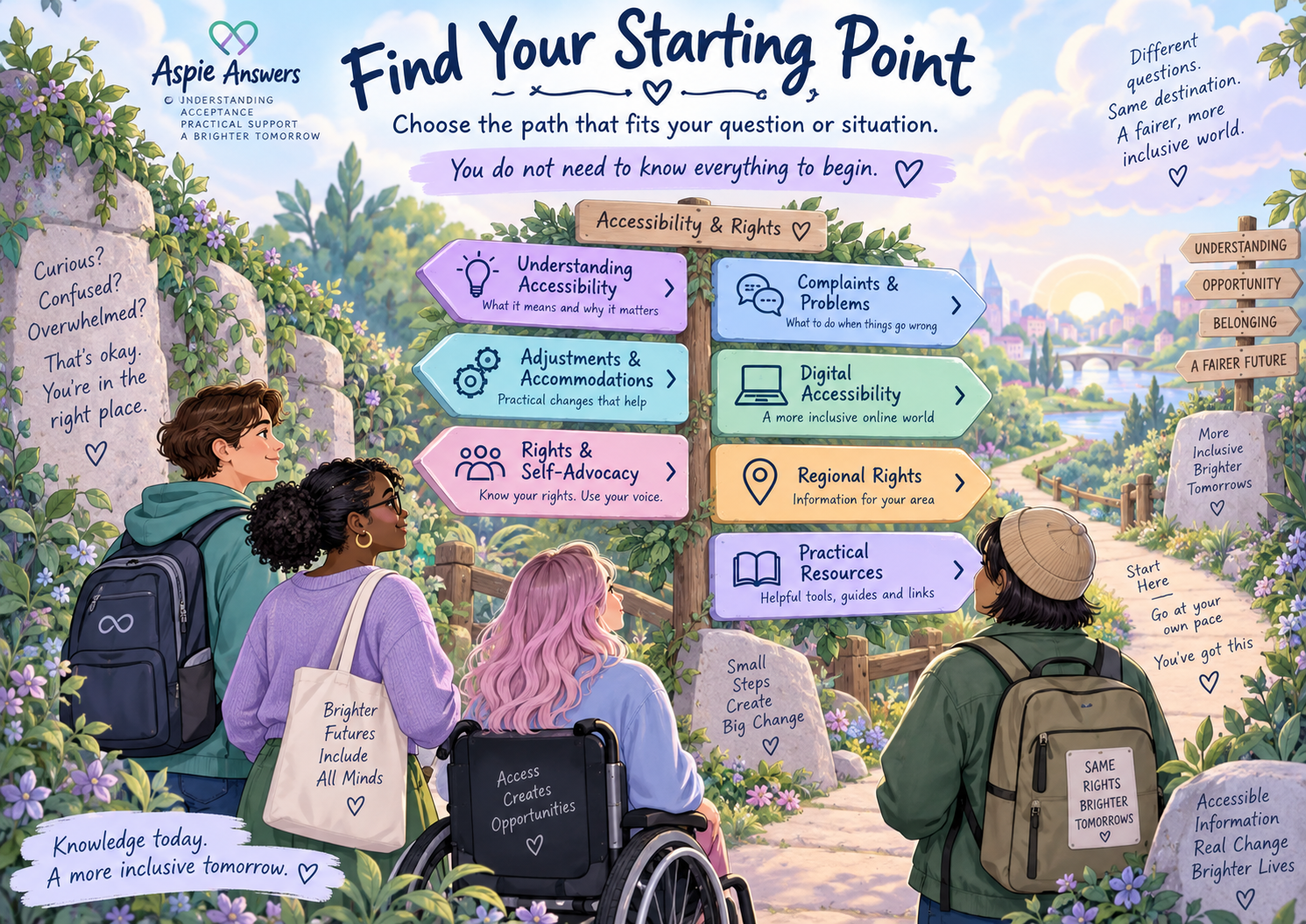 Find Your Starting Point infographic showing Accessibility and Rights pathways including accessibility basics, accommodations, self-advocacy, complaints, digital accessibility, regional rights and practical resources