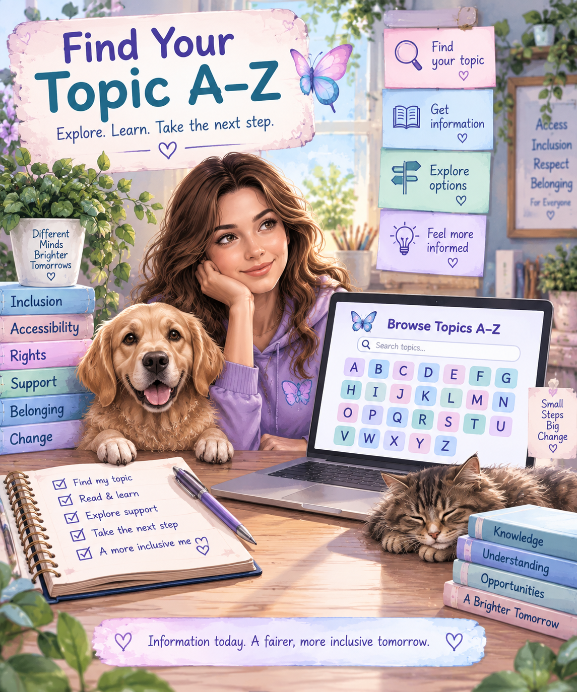 Find Your Topic A-Z illustration showing an alphabetical topic finder and steps to find information, explore options and take the next step.