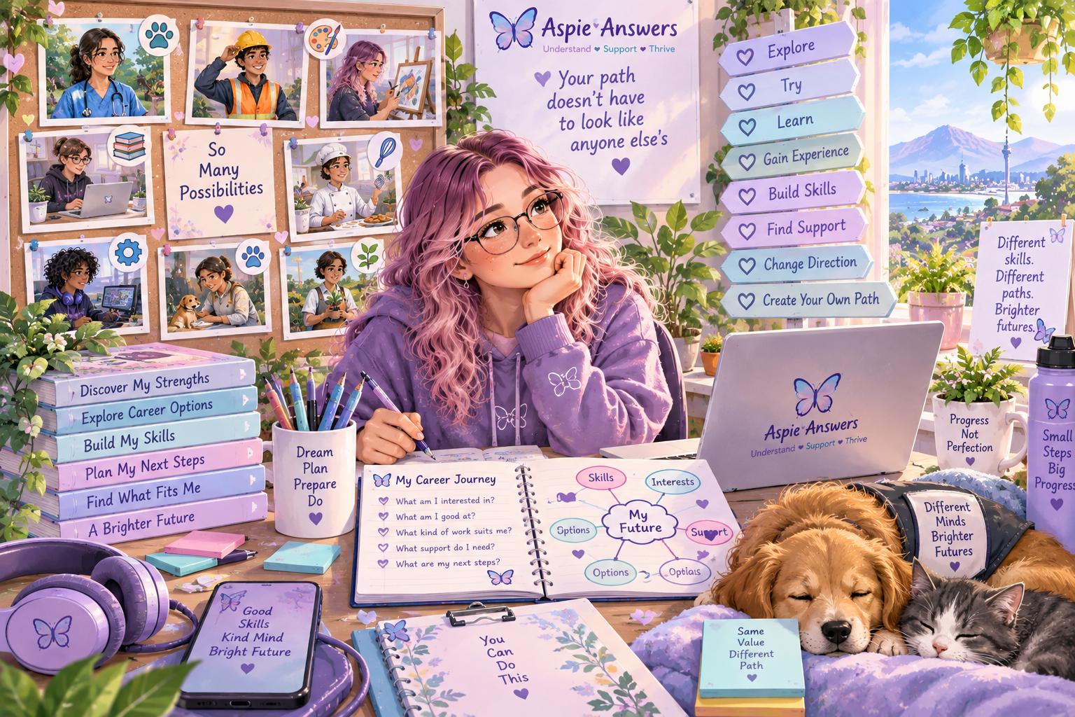 Aspie Answers illustration about finding a career path that suits your strengths, interests and support needs