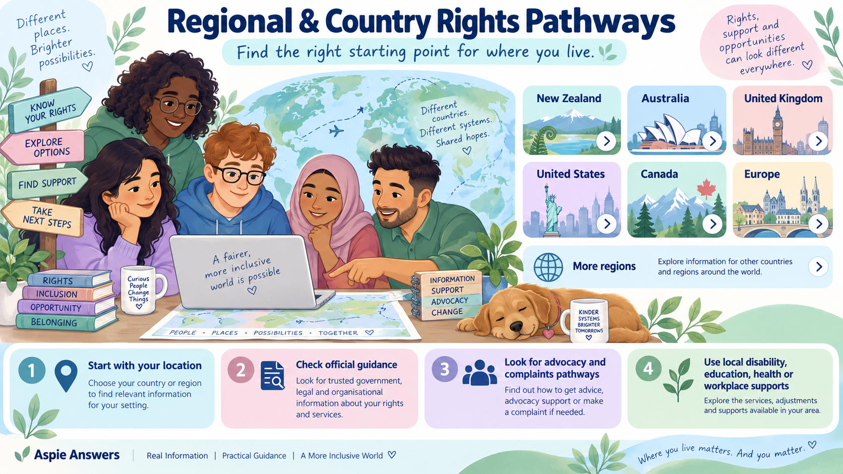 Finding Your Regional or Country Rights Pathway infographic showing how to identify your location, check official information and find advocacy or complaints routes.