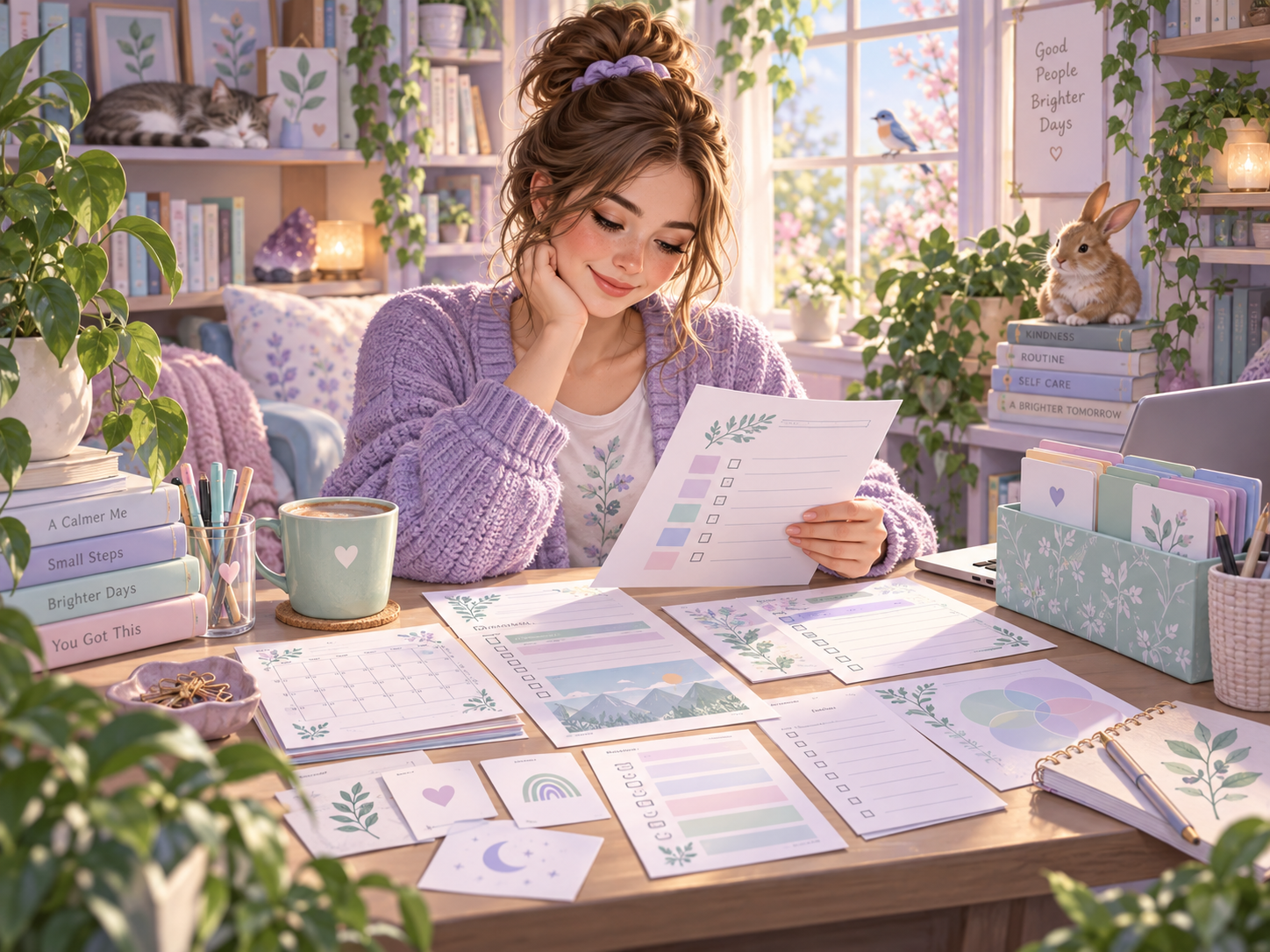 A person in a calm library workspace choosing from pastel free worksheets, planners, checklists and practical support tools.