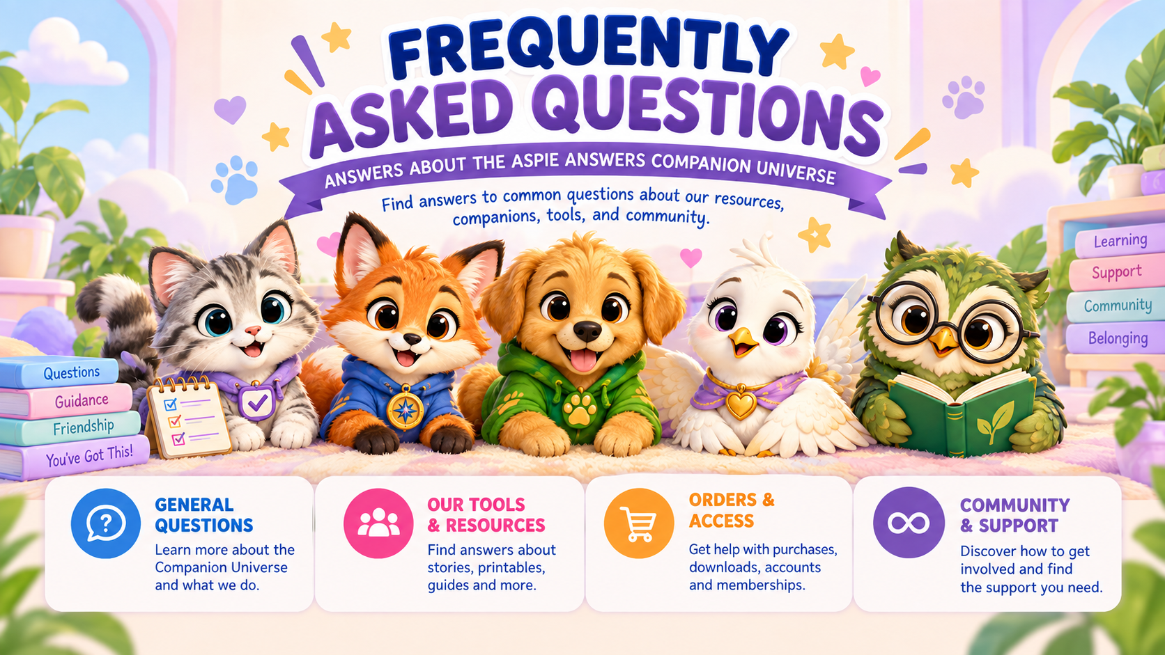 Official Aspie Answers Companion Universe Frequently Asked Questions banner featuring the approved companions gathered around books, guides and question symbols.