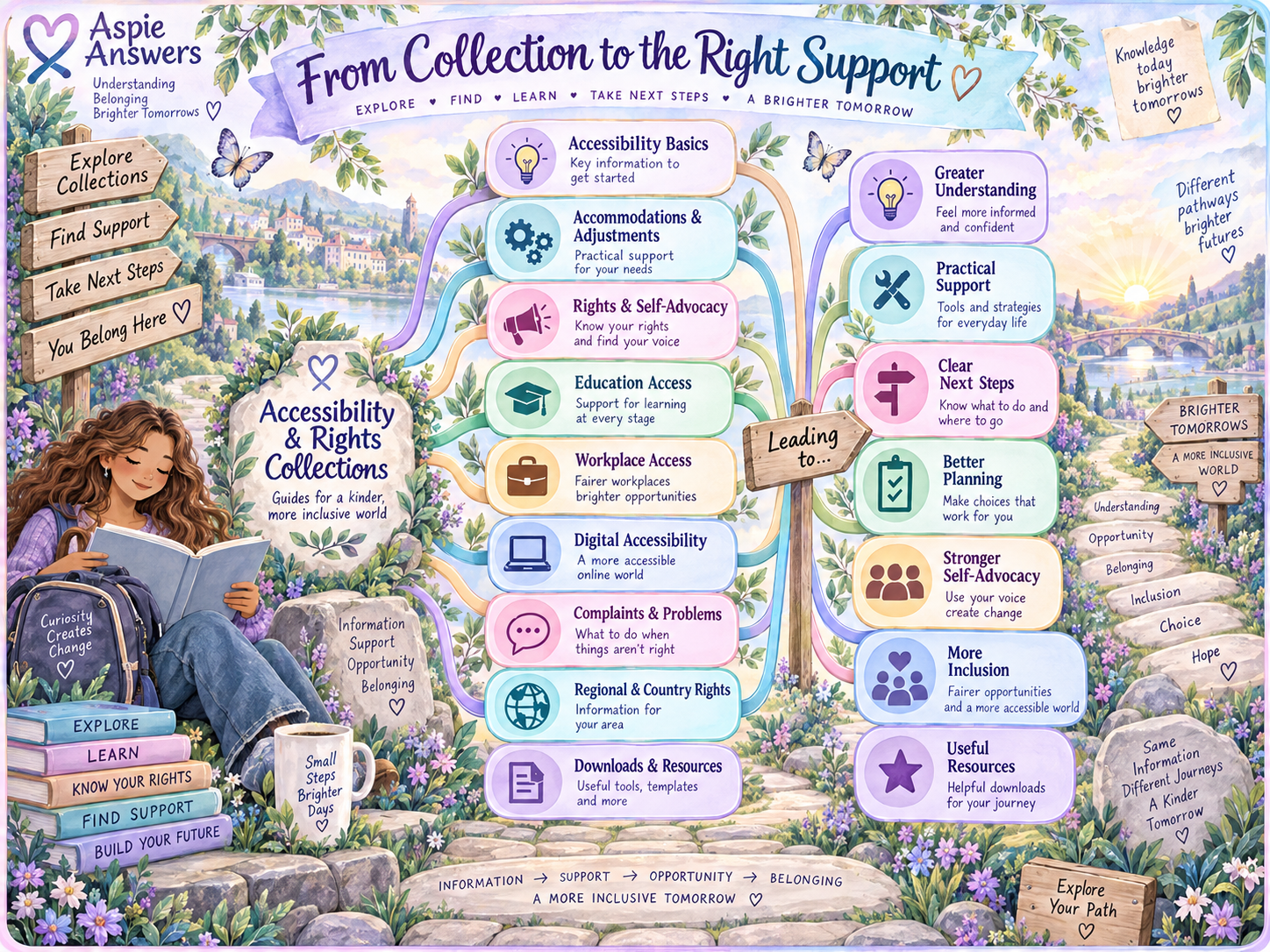From Collection to the Right Support infographic showing accessibility and rights collections leading to understanding, practical support, planning, self-advocacy, inclusion and useful resources.