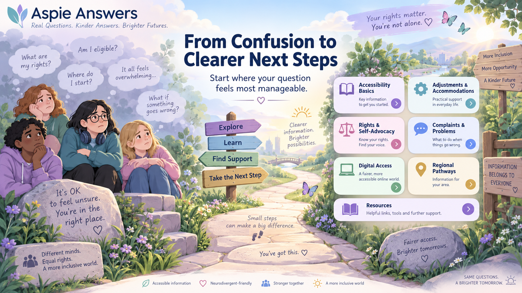 From Confusion to Clearer Next Steps infographic showing how questions about rights, eligibility, complaints and support can lead to accessibility basics, accommodations, self-advocacy, digital access, regional pathways and resources