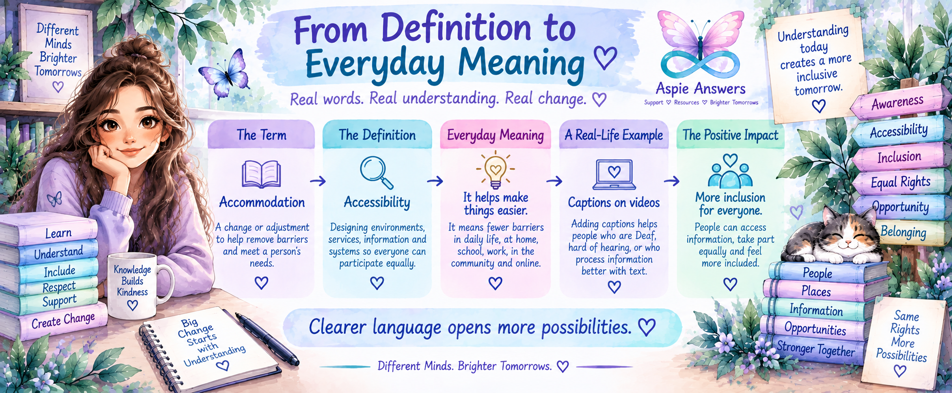From Definition to Everyday Meaning infographic connecting accessibility terminology with everyday examples and more inclusive participation.
