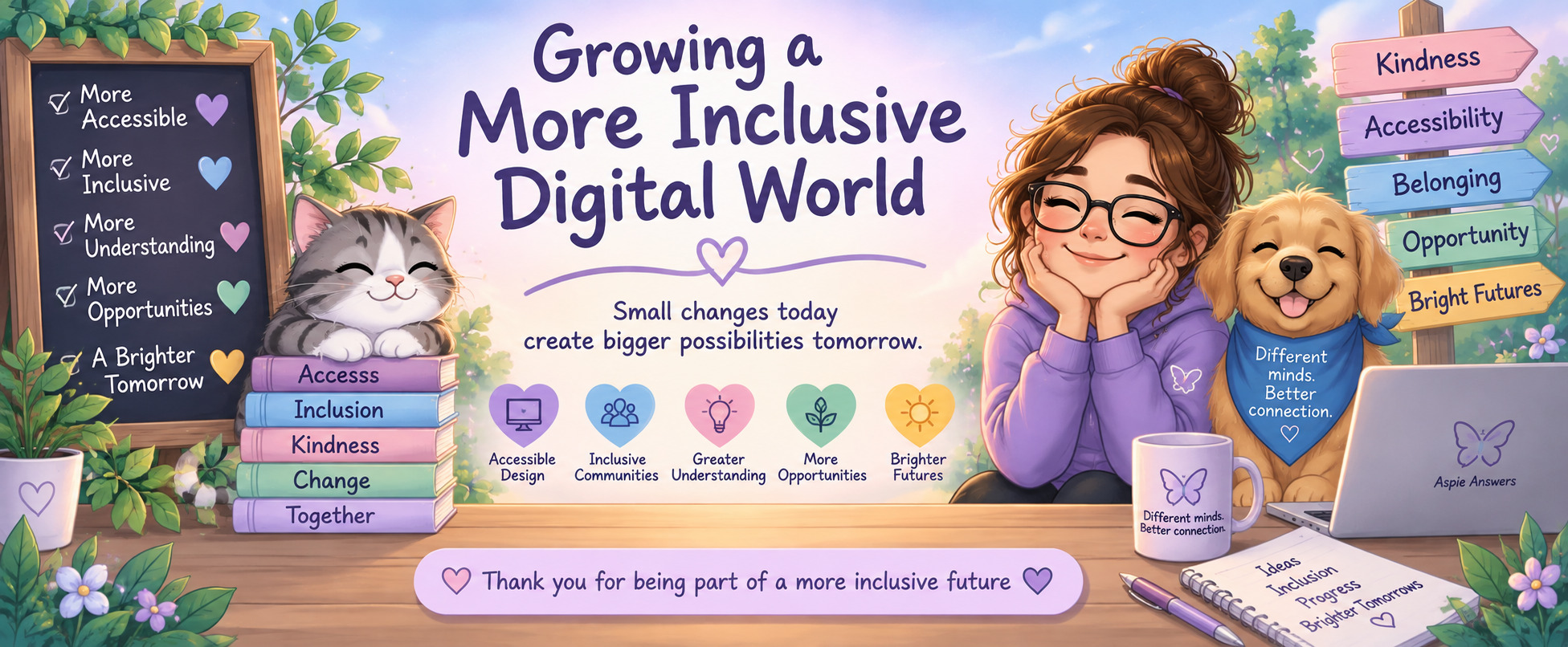 Growing a More Inclusive Digital World — an Aspie Answers illustration about accessibility, inclusion, belonging and brighter futures.