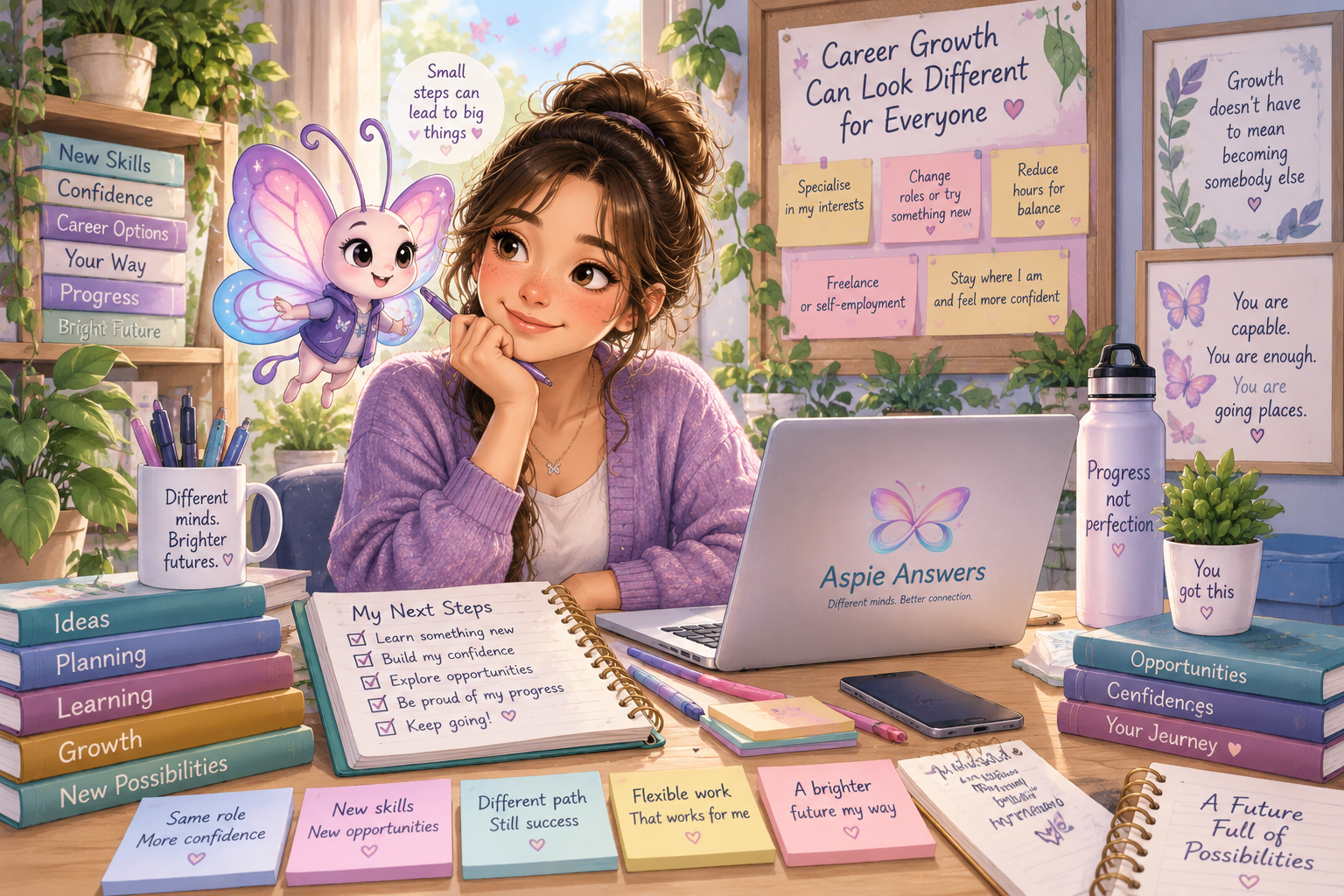 Semi-realistic career growth scene showing a person considering different workplace paths with Flutter Butterfly, representing confidence, learning, change and new possibilities