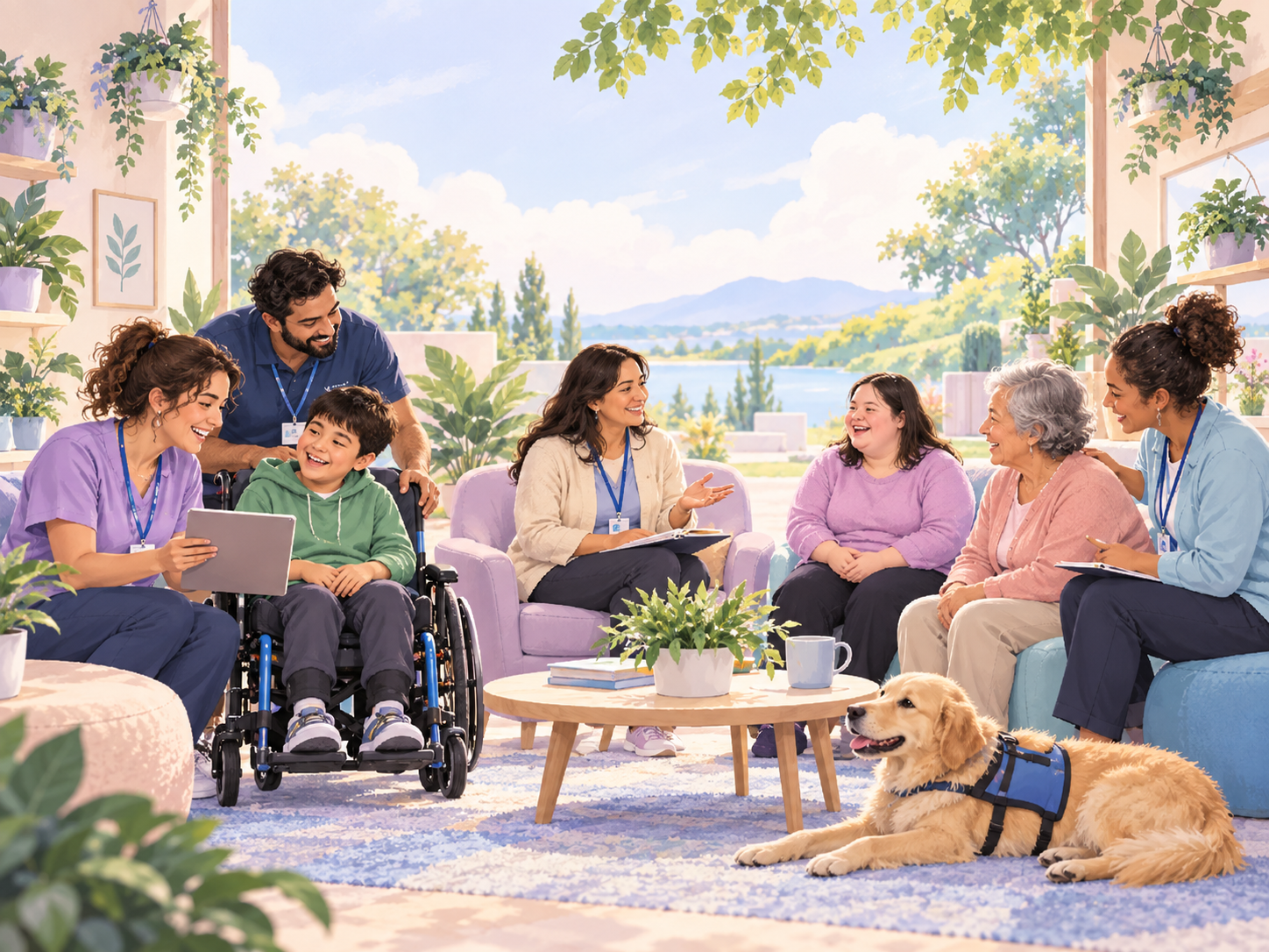 Inclusive group receiving health, allied-health and practical support in a calm accessible care setting