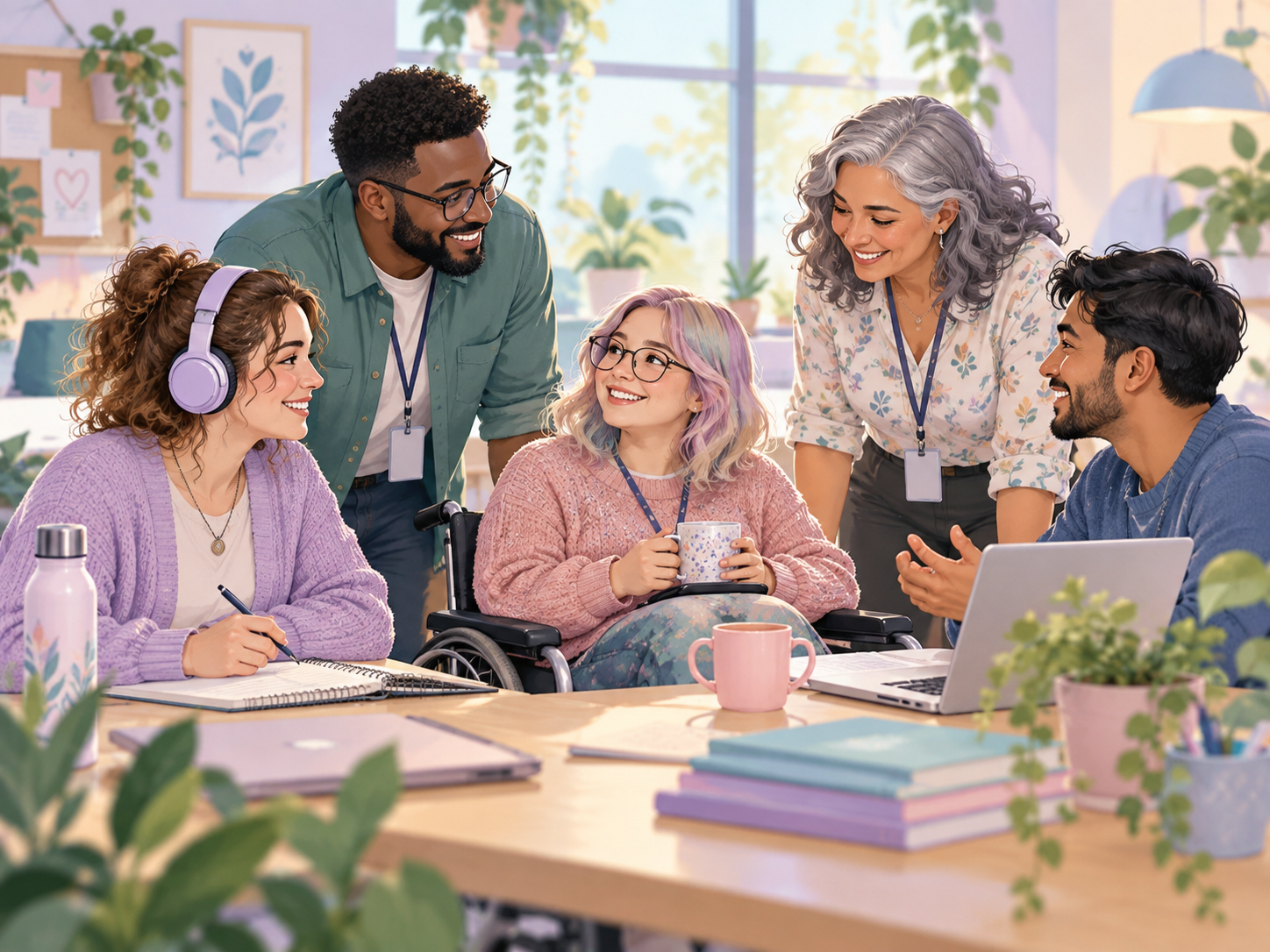 An inclusive workplace team gathered around a table, including a wheelchair user and colleagues sharing ideas in a calm, supportive office.
