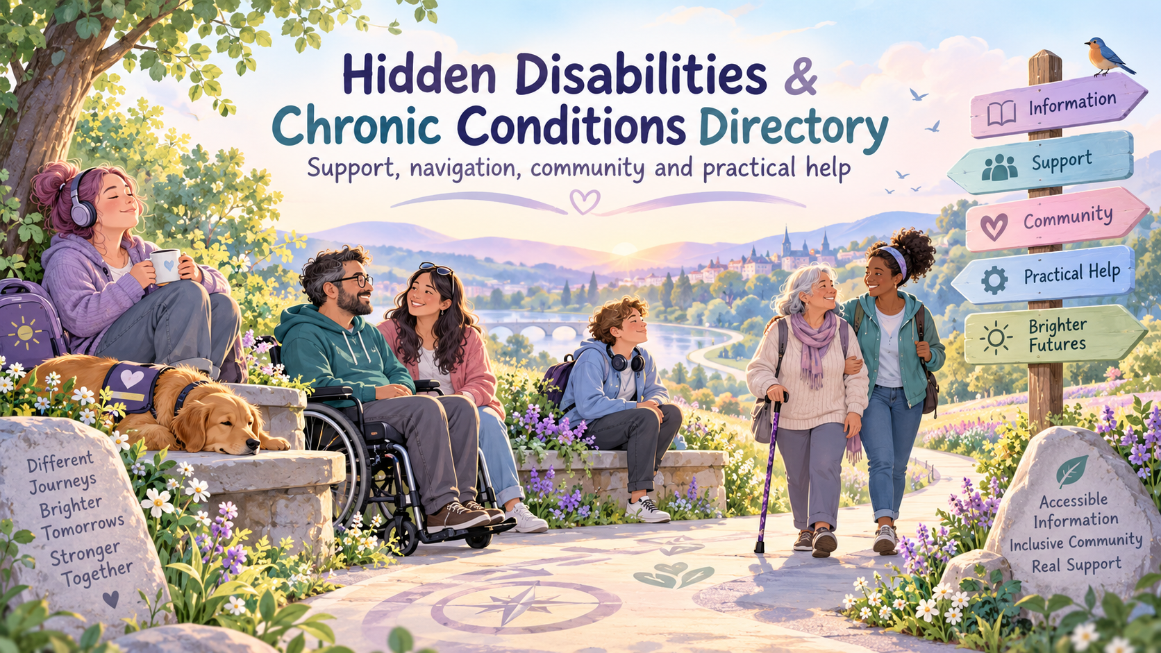 People with different hidden and chronic conditions in an accessible community setting, with signposts pointing to information, support, community and practical help.