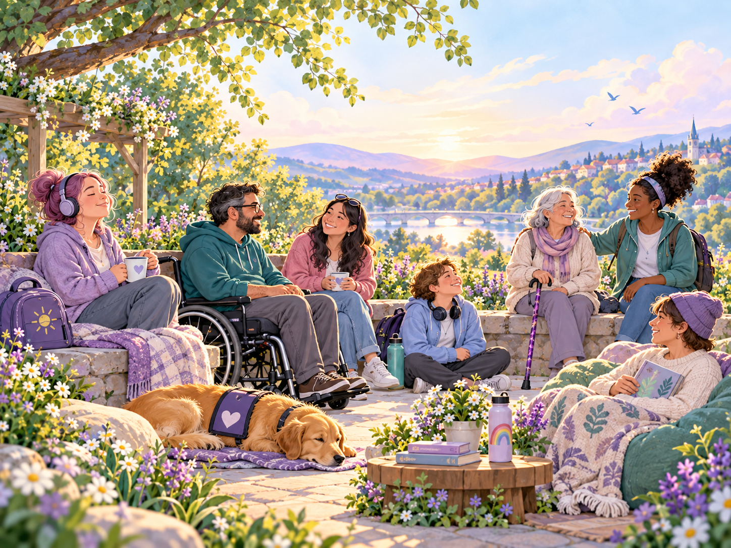A diverse group of people spending time together in an accessible outdoor community setting, representing practical support, connection and inclusion.