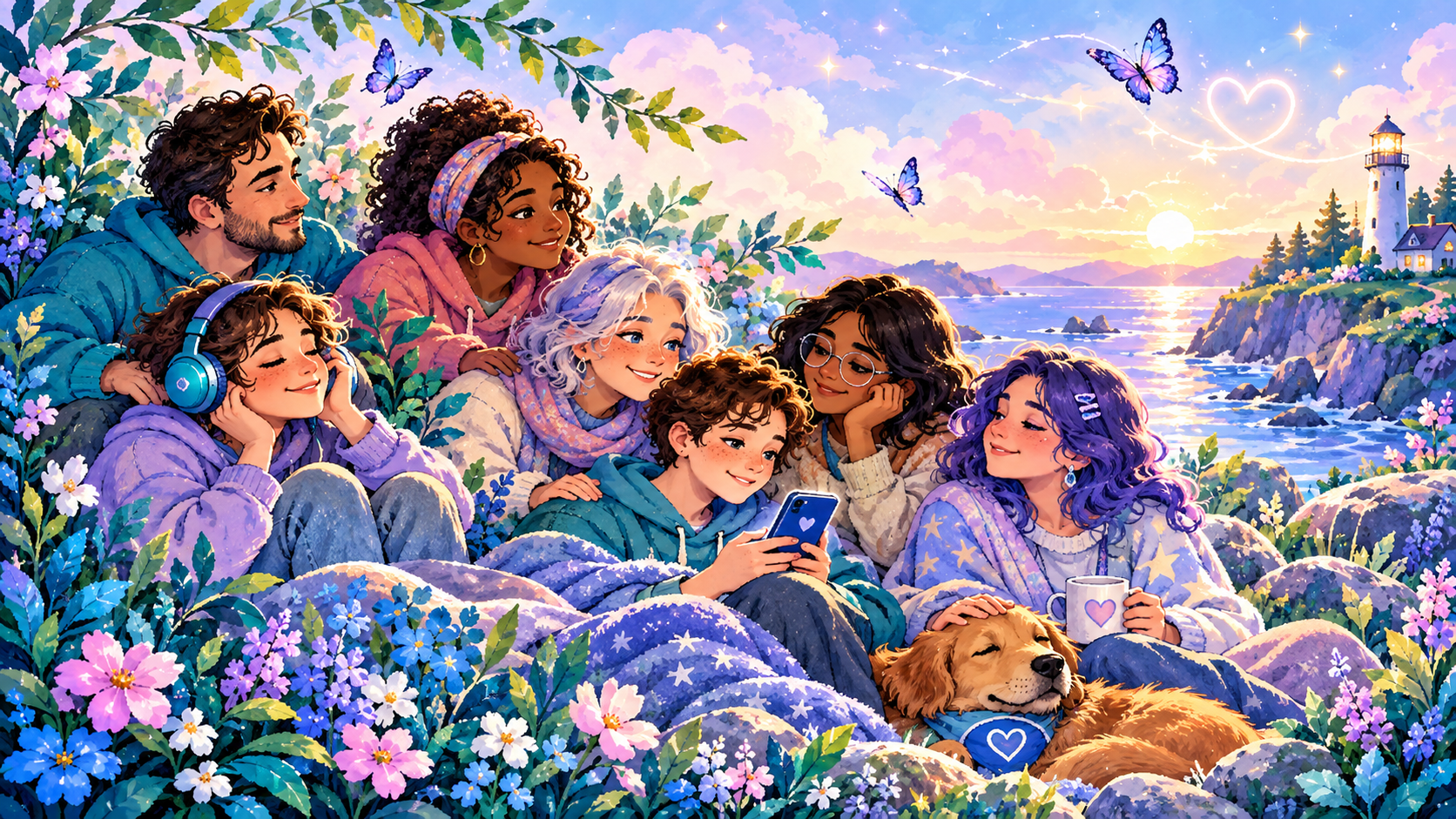 A supportive mixed-age group resting together in a calm coastal setting, representing connection, trusted people and accessible help during difficult times.