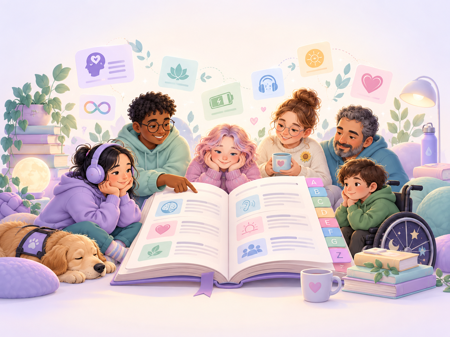 An open A–Z reference book surrounded by gentle symbols for communication, access, energy, sensory needs, learning and support.