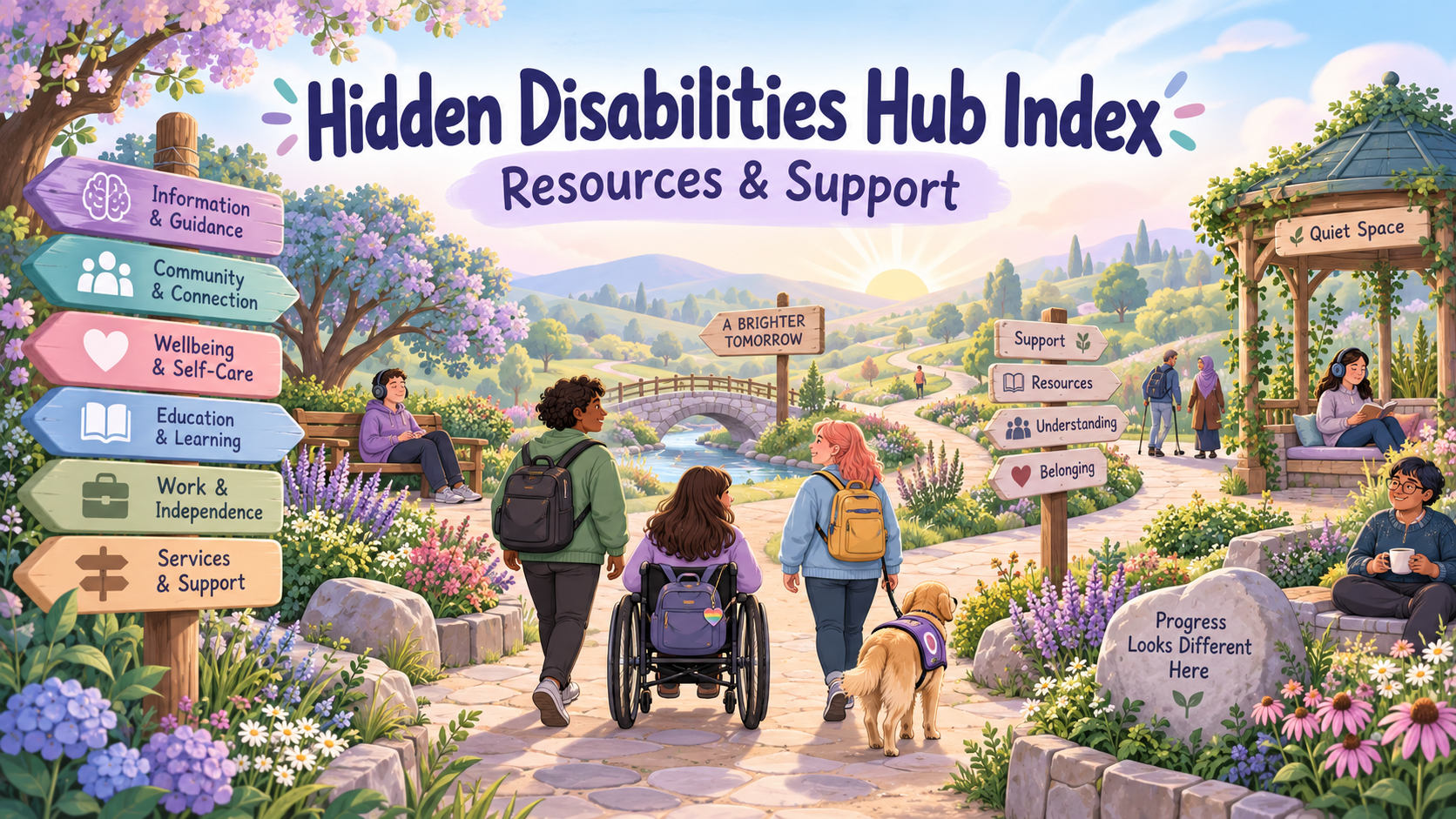 A welcoming garden of branching pathways and signposts representing information, community, wellbeing, education, work, services, resources and support across the Hidden Disabilities Hub.