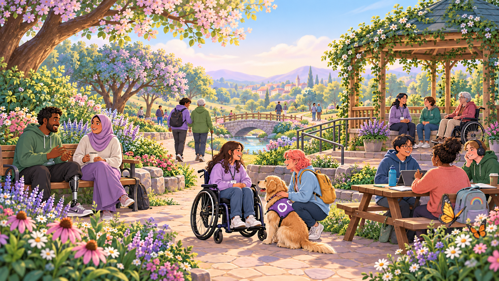 An inclusive community garden with people of different ages and access needs connecting, learning and supporting one another, including wheelchair users, a prosthetic limb user and a support dog.