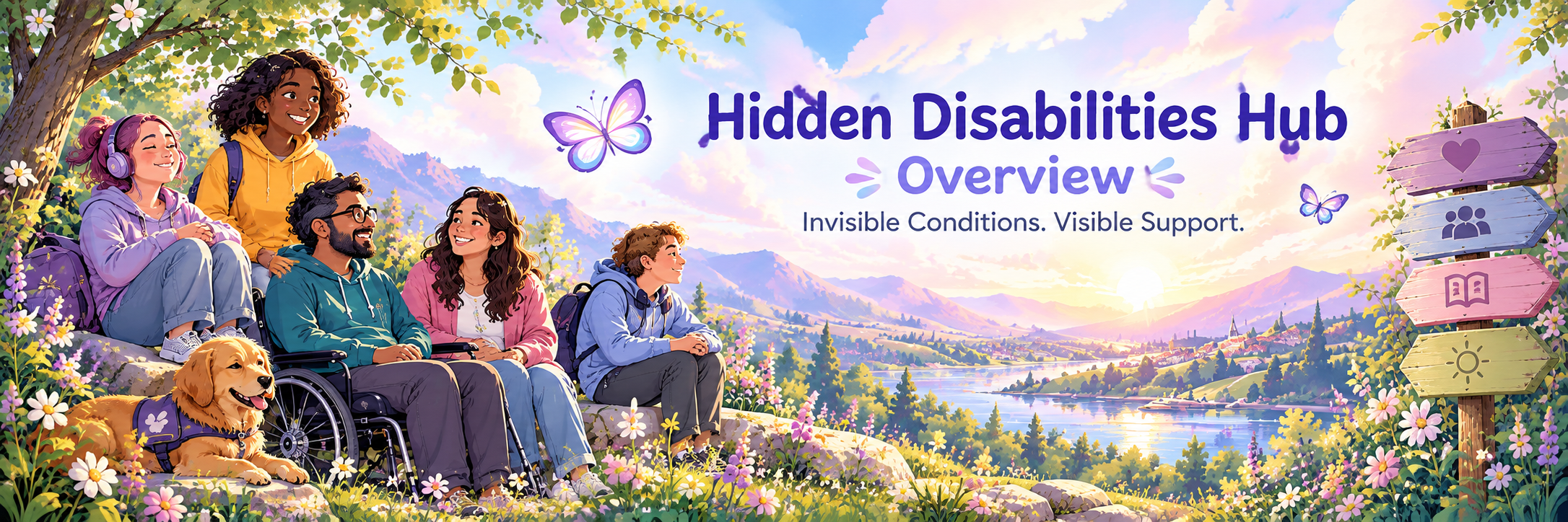 A diverse group of people, including a wheelchair user and a person with a support dog, in a peaceful landscape representing hidden disabilities, understanding, support and community.