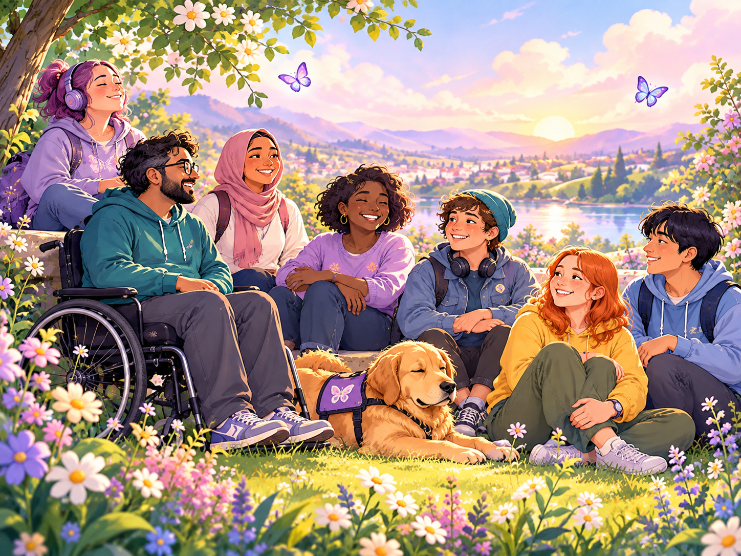 A diverse group of people relaxing together outdoors, including a wheelchair user and a support dog, representing inclusion, connection and different ways of participating.