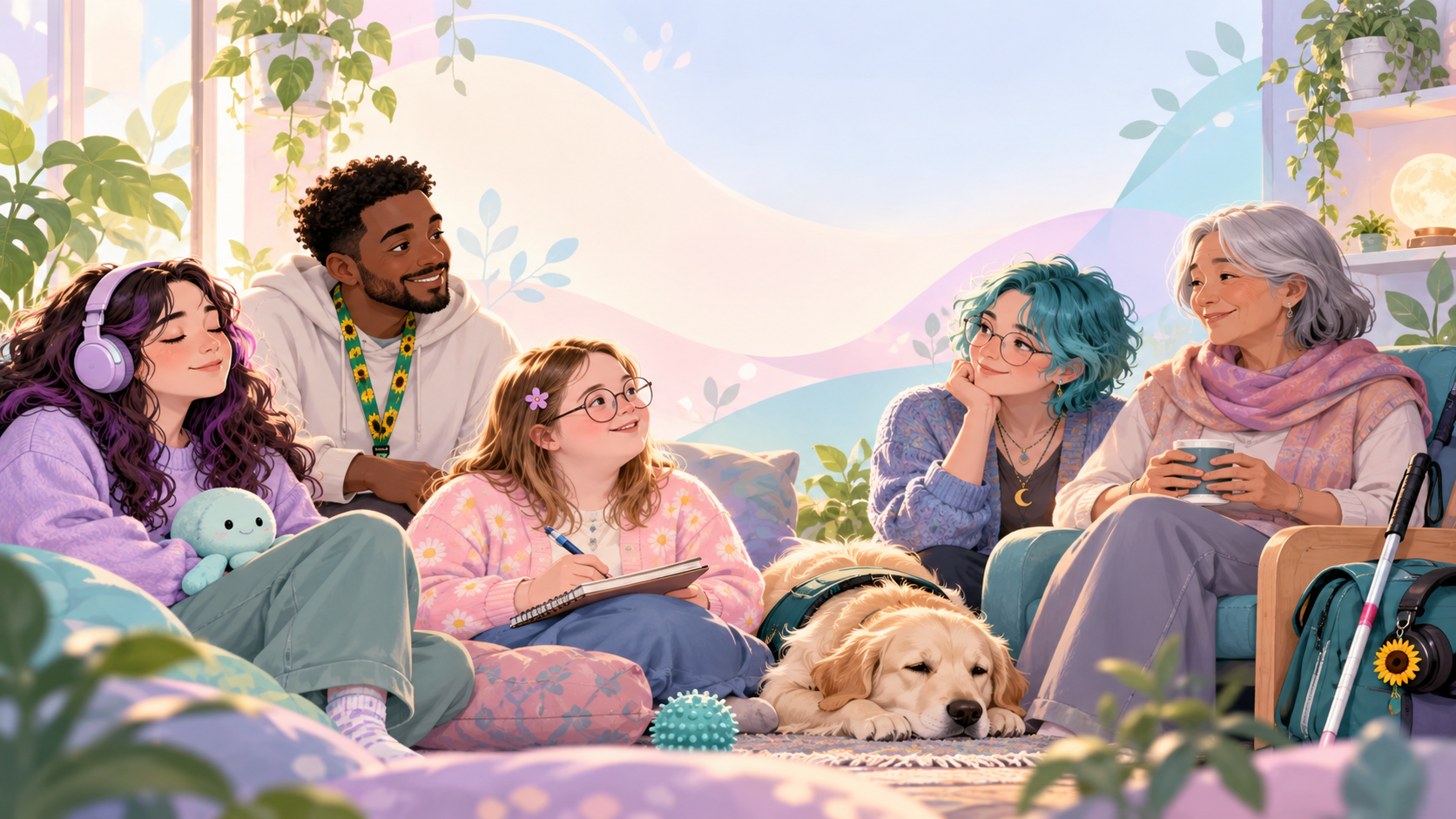 Inclusive group of people and a support dog in a calm setting, representing hidden disabilities, support and community.