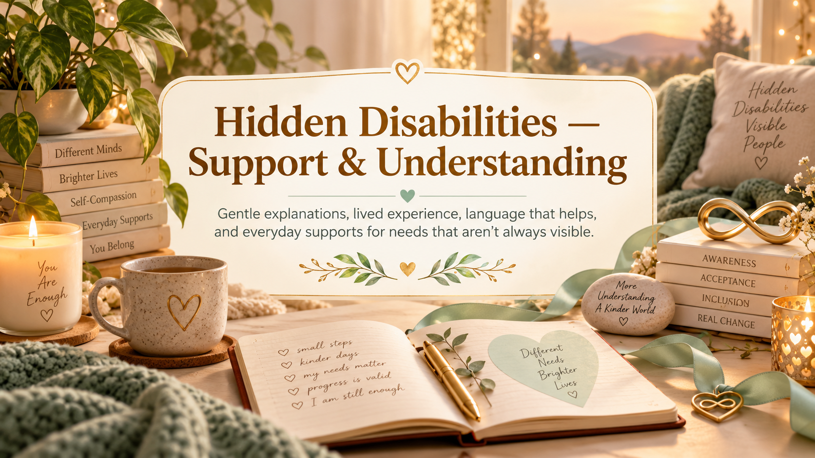 A warm, supportive hidden disabilities guide banner with a cosy desk, stationery and a calm self-advocacy feel.