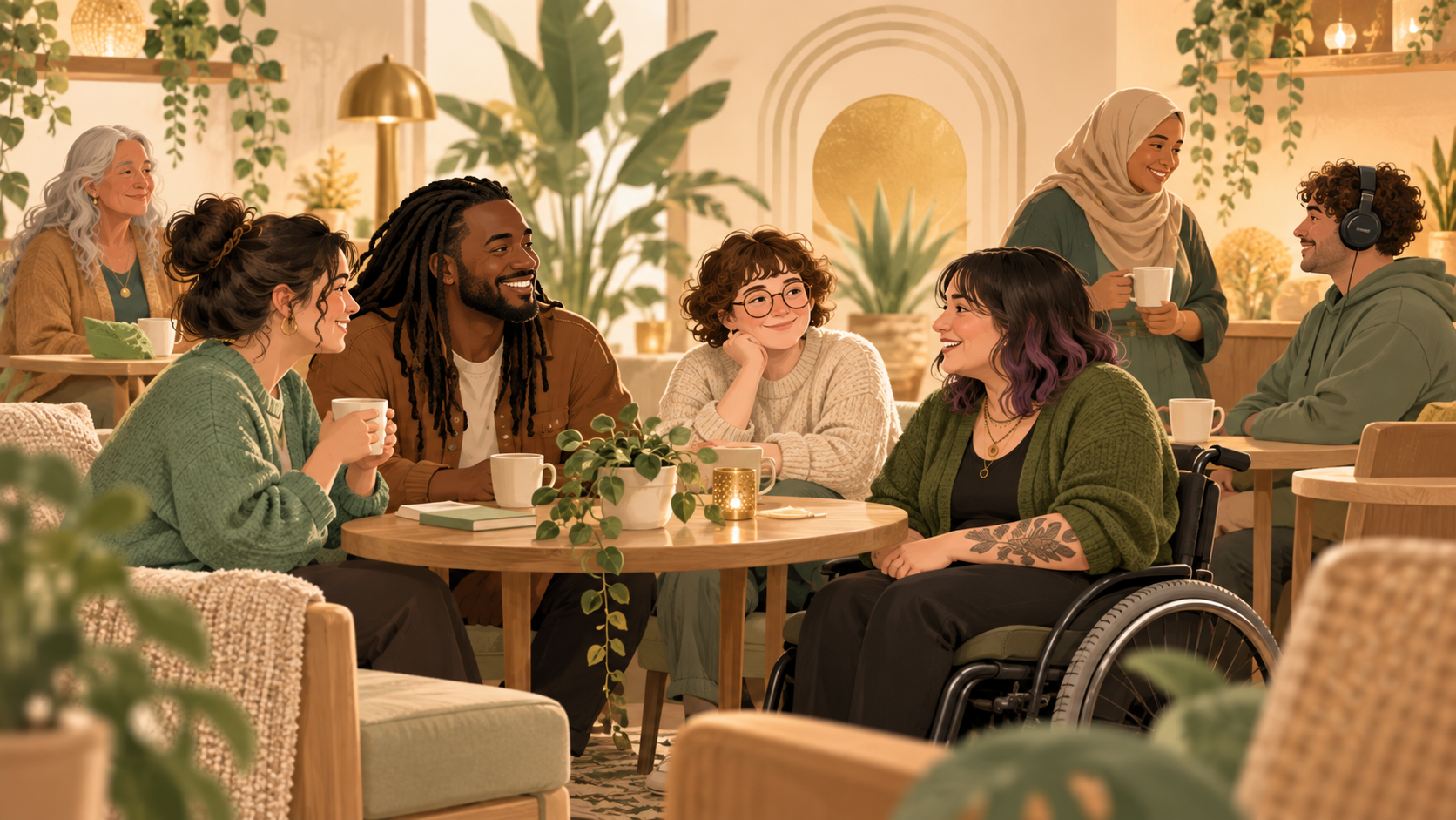 A warm, inclusive support group scene in a cosy café, showing people gathered together in conversation and community.