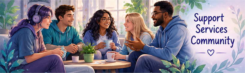 A welcoming group talking together in a calm community setting, representing practical support, services, connection and shared guidance.