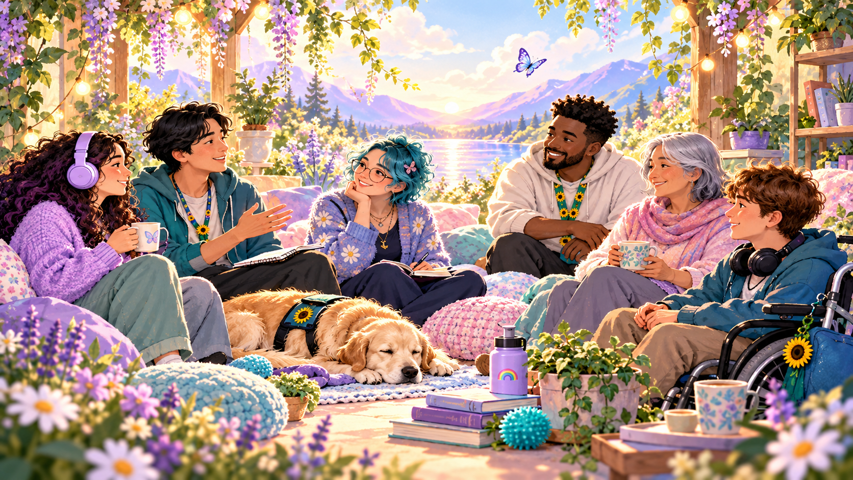 A supportive mixed-age community group spending time together in a calm accessible setting, representing practical help, connection and different ways of participating.