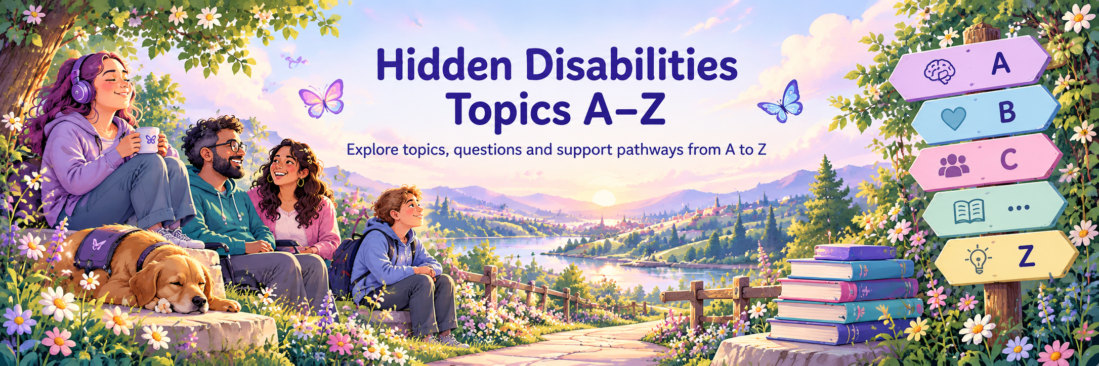 Hidden Disabilities Topics A–Z banner showing an inclusive group in a bright nature setting with books, butterflies and A-to-Z signposts.