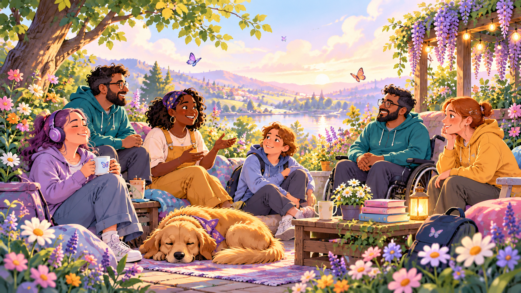 An inclusive group of people relaxing together in a bright garden setting, representing support, connection and community around hidden disabilities.