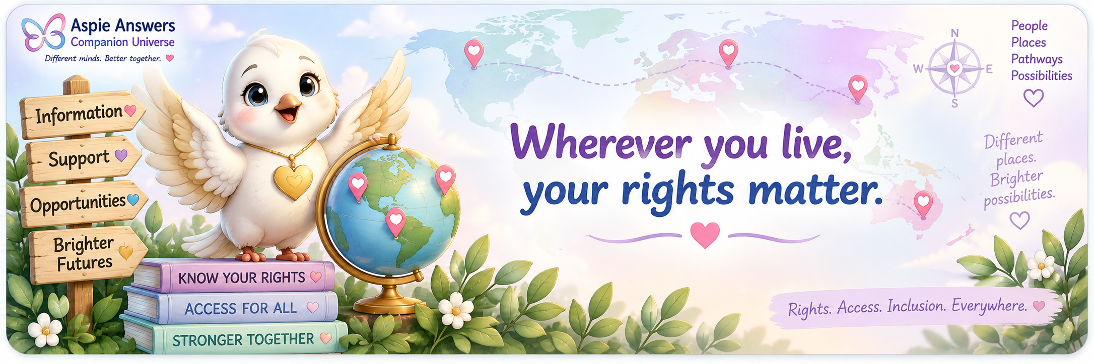Hope, the official Aspie Answers white dove Companion with soft-gold details, reminding visitors that wherever they live their rights matter.