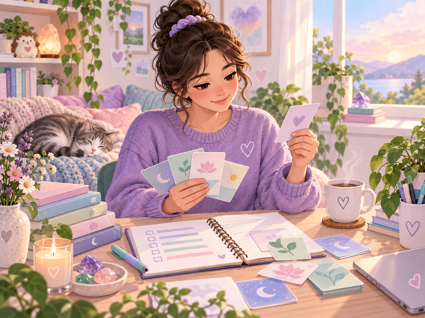 Gentle mental health resources and supportive tools arranged as a calm visual guide.