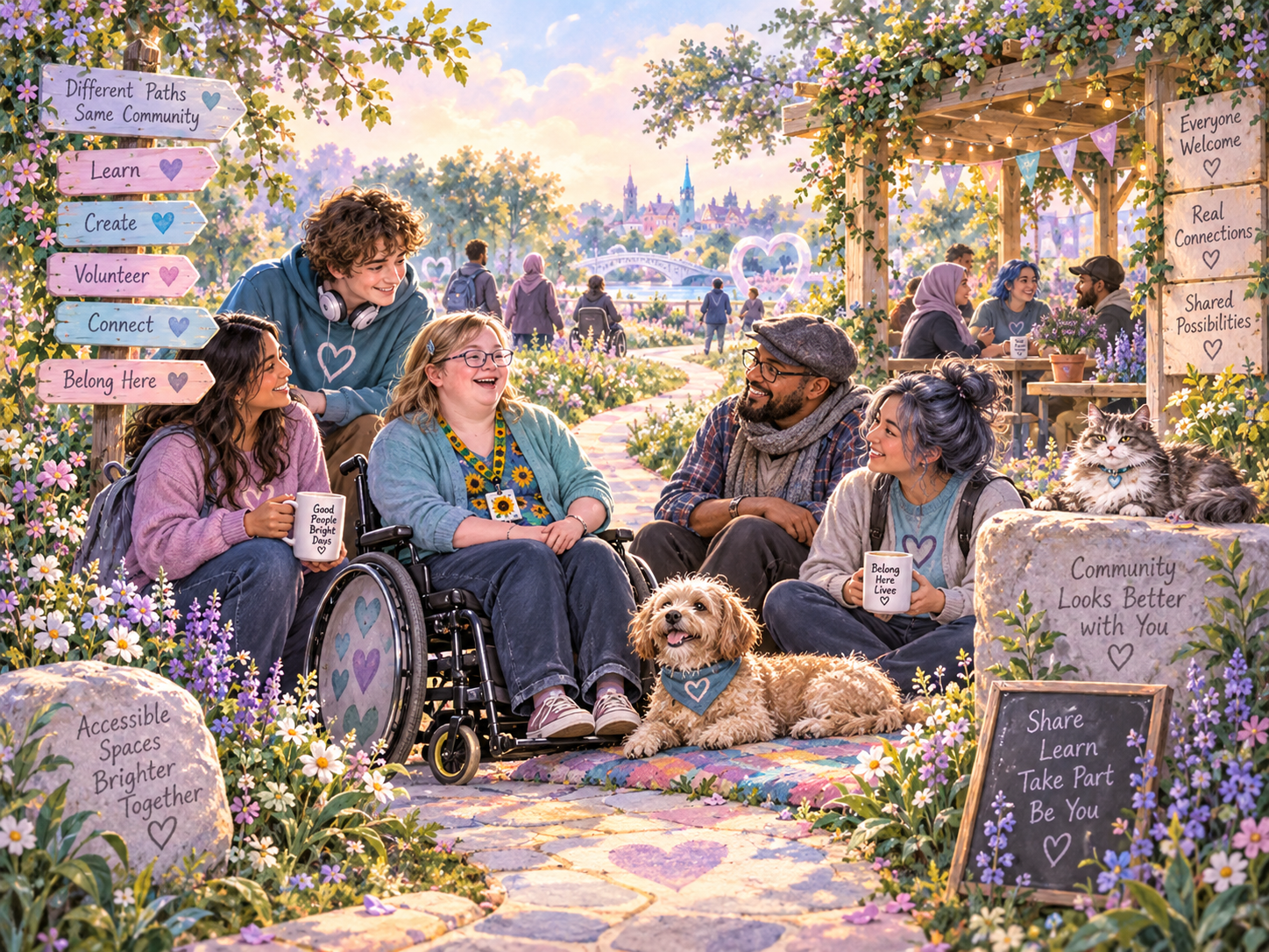 Accessible welcoming community space with people participating together and a friendly companion animal.