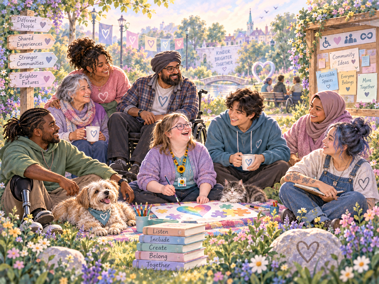 Inclusive community group with people of different ages and access needs, together with a friendly dog and cat.