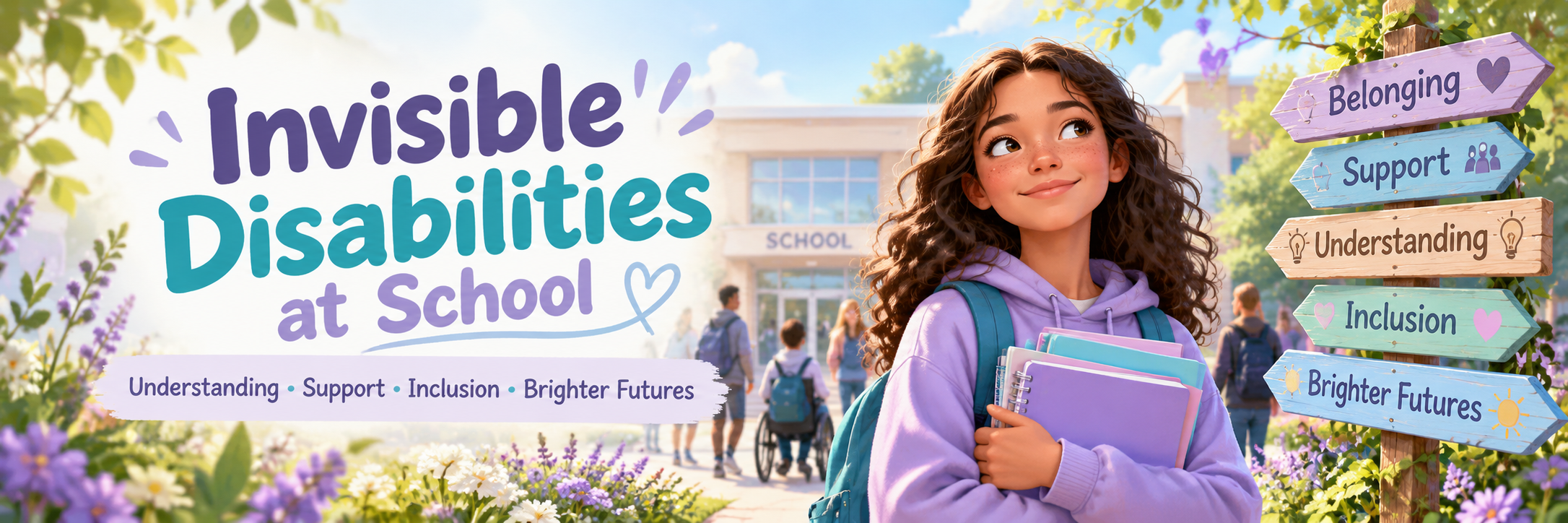 Invisible Disabilities at School banner showing a student outside a school beside signposts for belonging, support, understanding, inclusion and brighter futures.