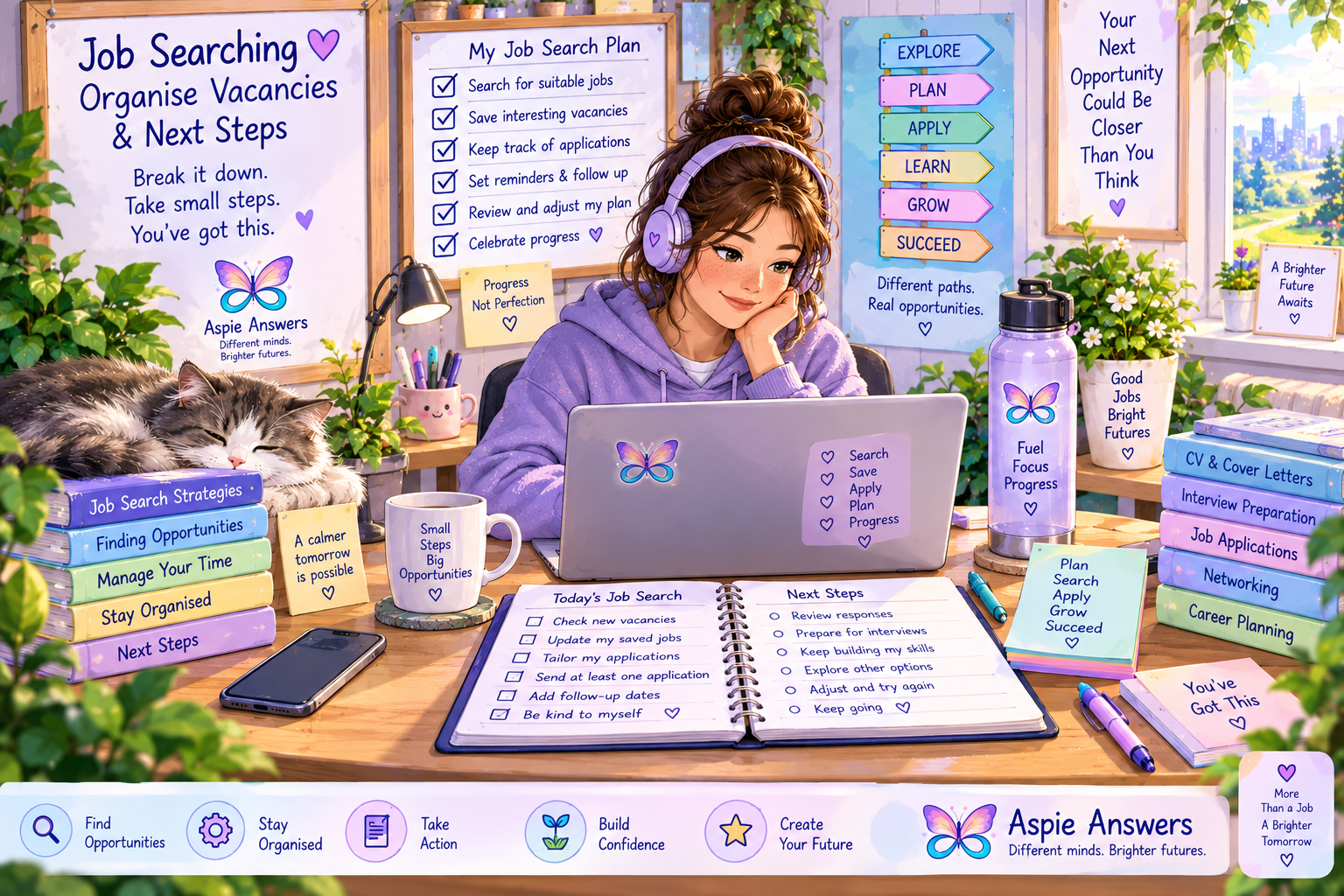 Illustrated calm job-search workspace showing a person using a laptop, planner, checklist and organised next-step notes