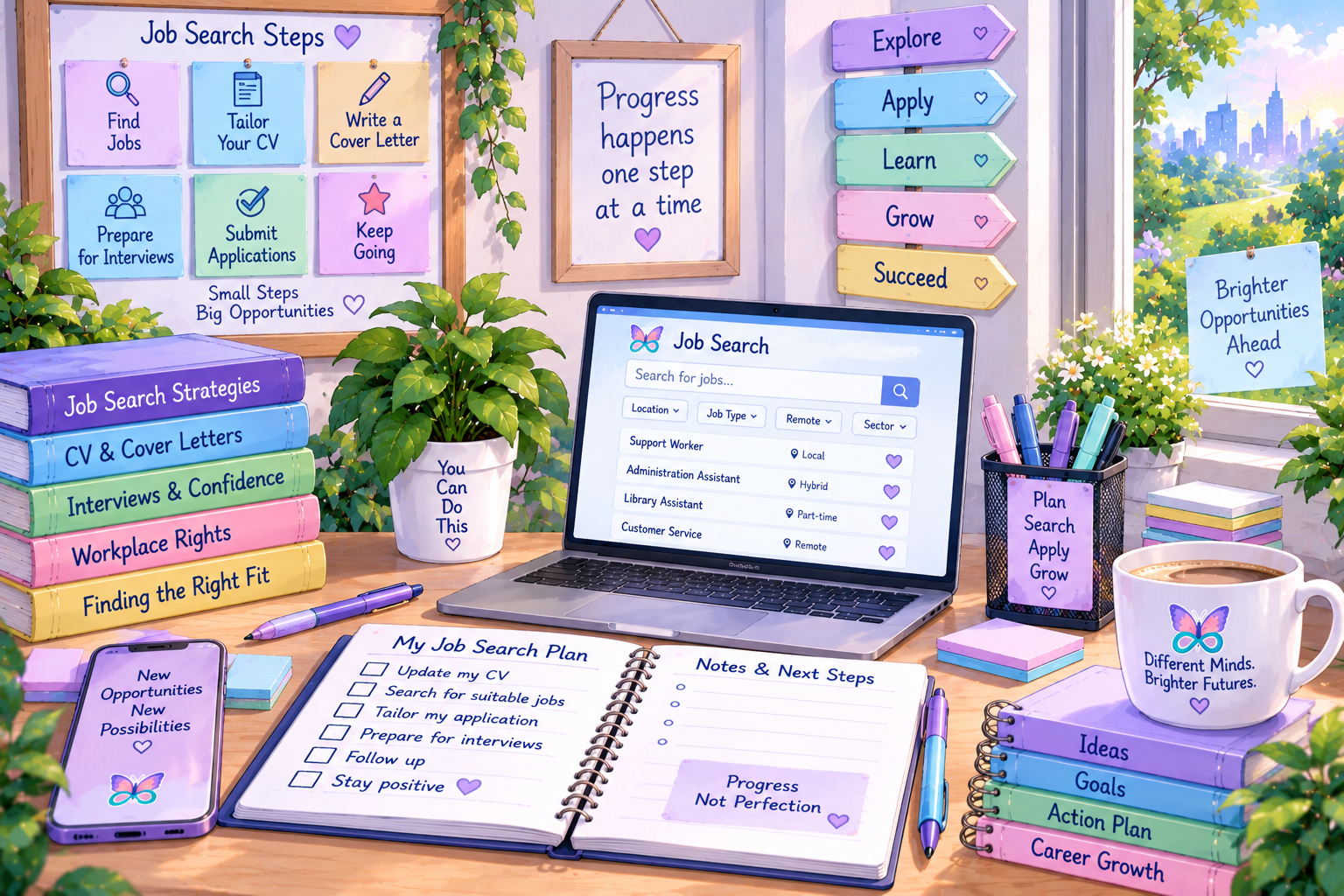 Illustrated job-search workspace with a laptop, planner and organised notes for tracking vacancies and next steps