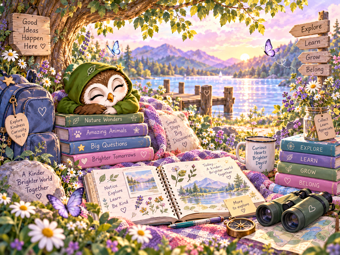A calm lakeside learning nook with books and a quiet place to pause and explore.