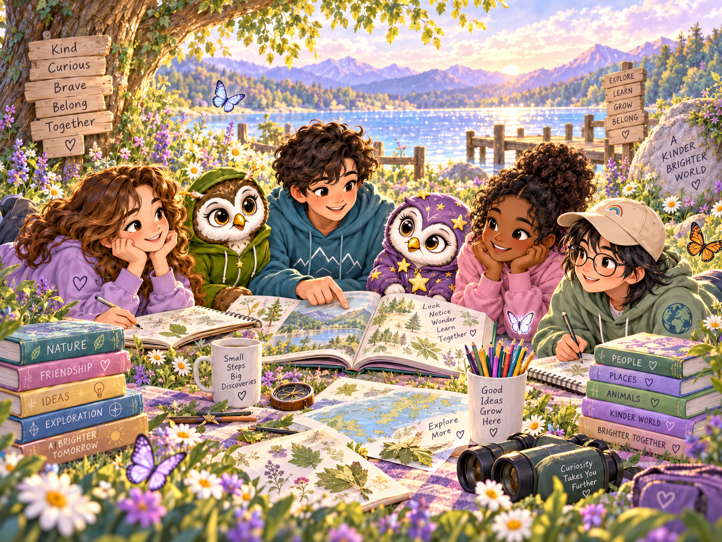 People learning together outdoors with books and accessible technology.