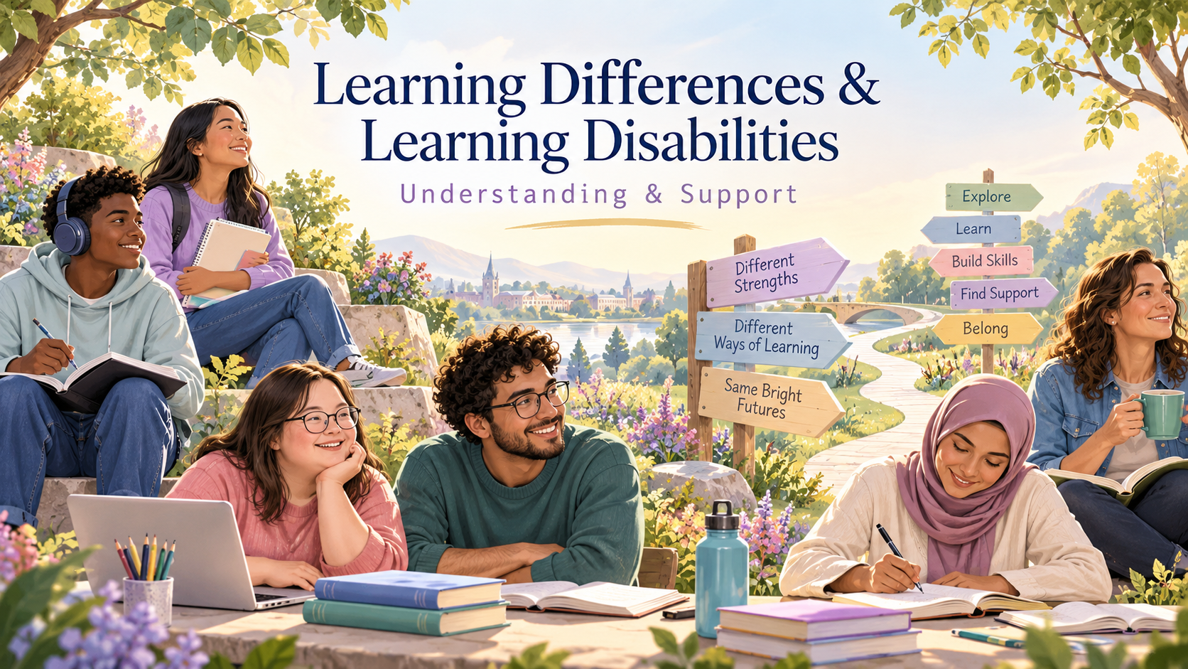 Learning Differences and Learning Disabilities banner showing a diverse group of learners in a calm outdoor study setting with pathways, books and support signposts.