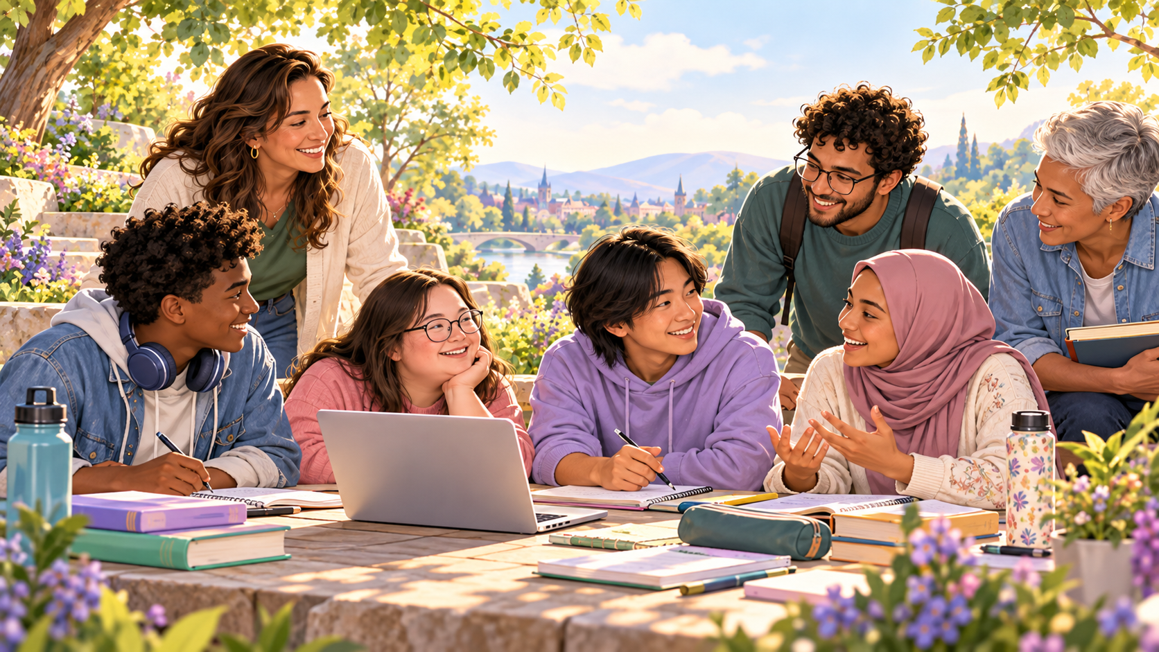 A diverse group of learners and supporters studying together around a table in an inclusive outdoor learning space.