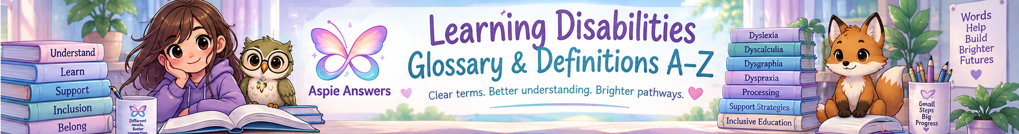 Learning Disabilities Glossary and Definitions A to Z with books, learning supports and friendly illustrated characters