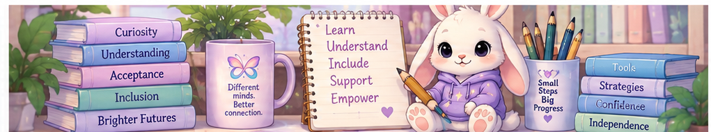Illustrated learning space with books, notebook, supportive messages and a friendly bunny representing clearer learning terminology