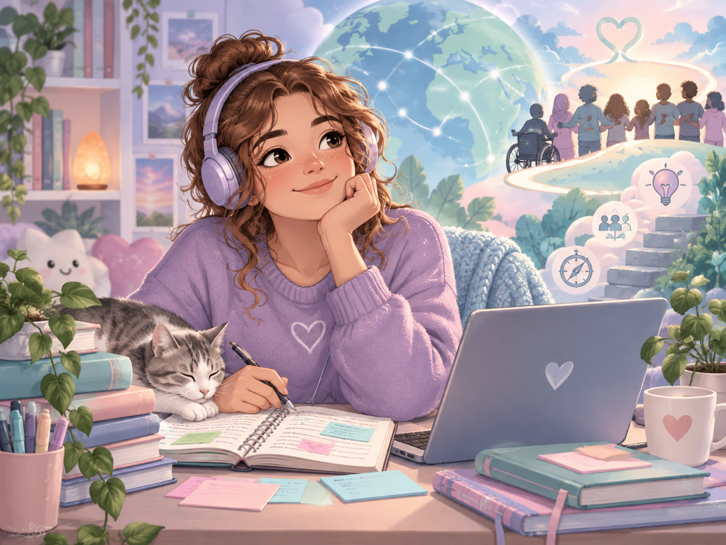 Young learner at a desk with books and digital tools, representing accessible learning disability support and global connections