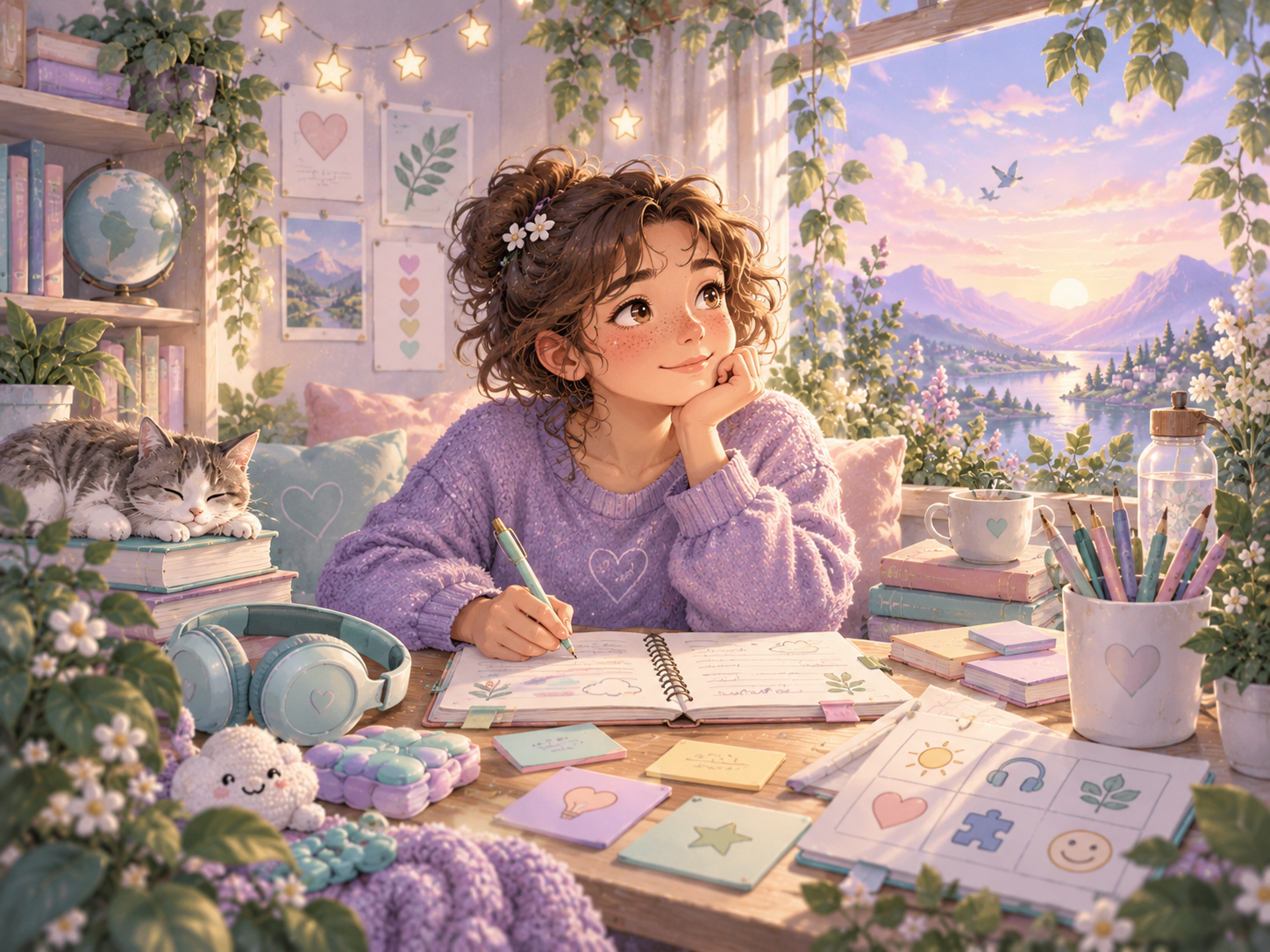 Semi-realistic kawaii learner using visual, sensory and written supports in a calm study space