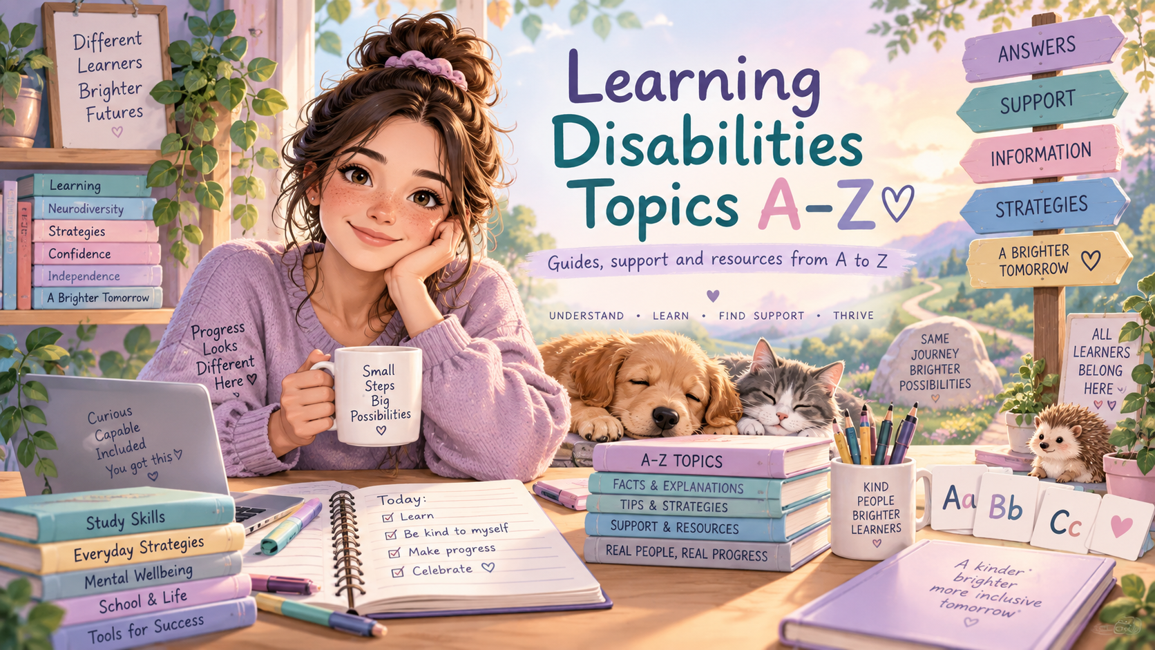 Learning Disabilities Topics A to Z with a semi-realistic kawaii learner, books and supportive learning pathways
