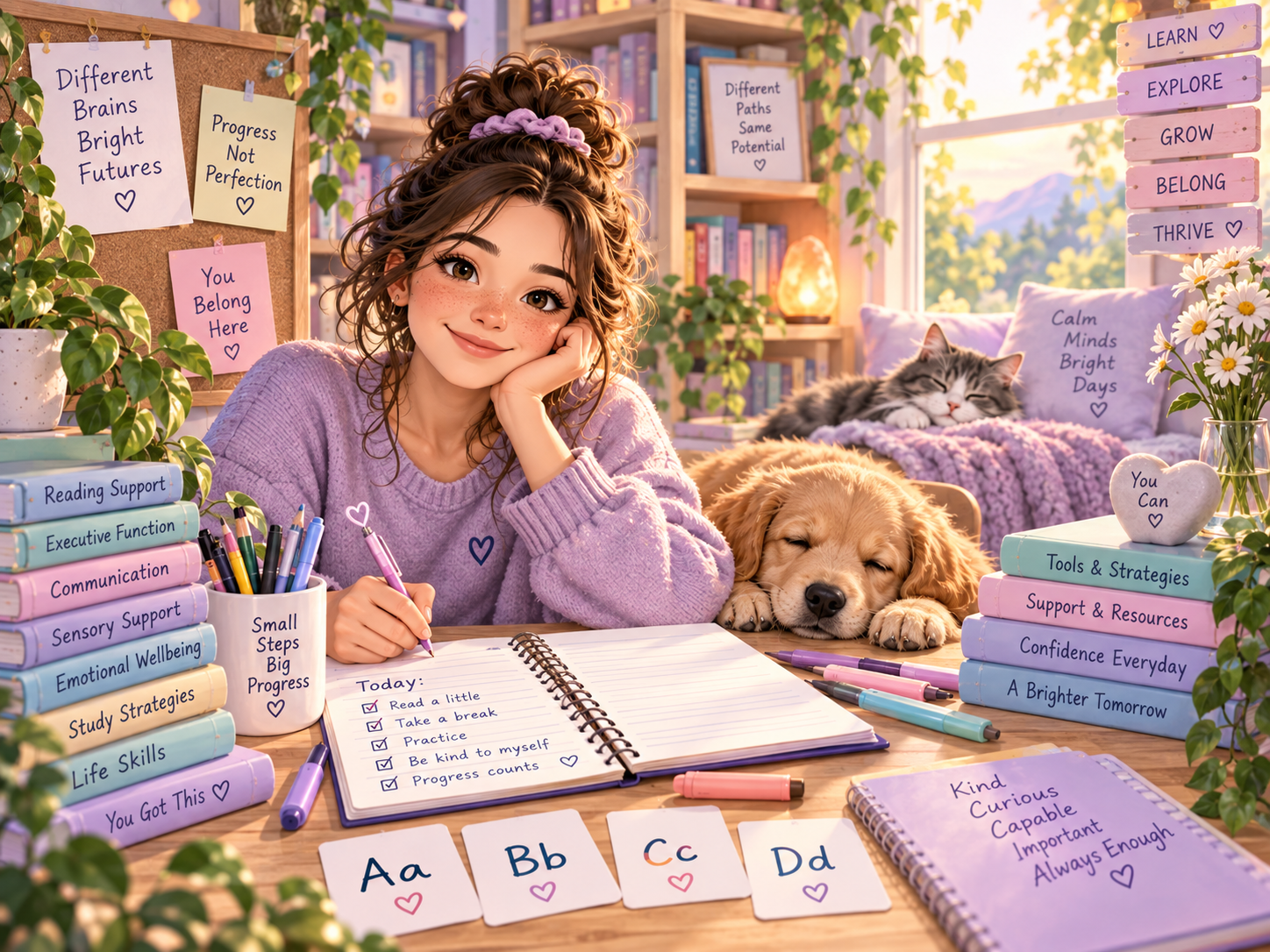 Semi-realistic kawaii learner using books, alphabet cards, visual supports and study tools in a calm learning space
