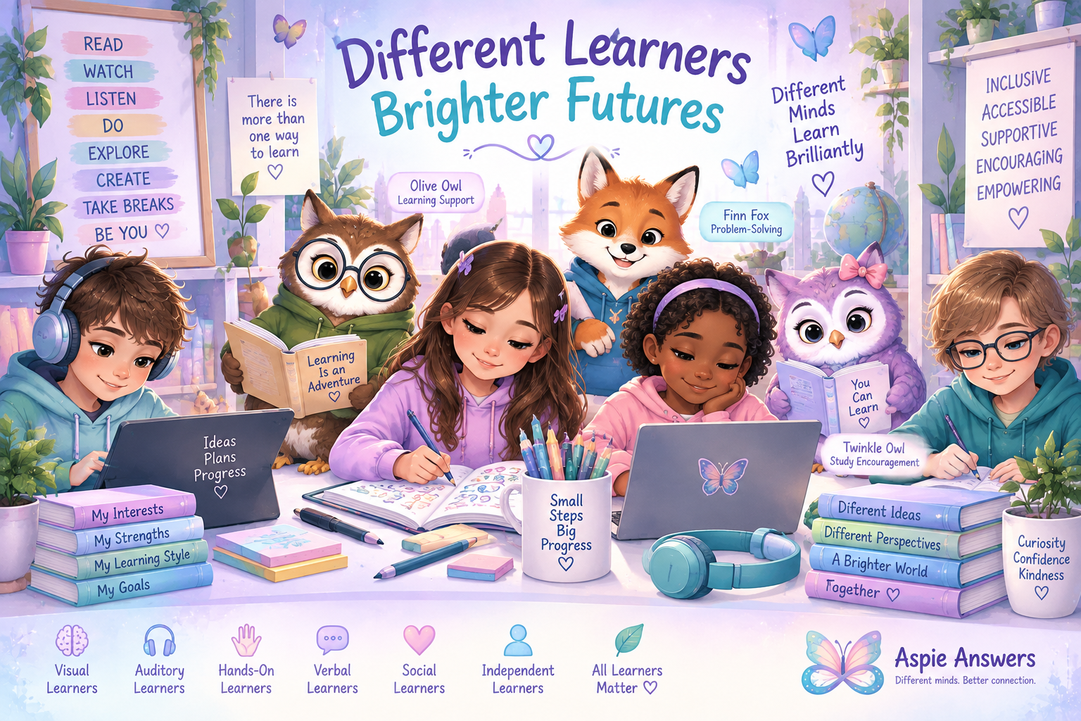 Inclusive learners using different learning approaches with supportive learning companions