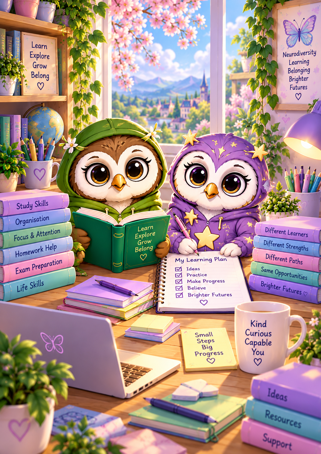 Olive Owl and Twinkle Owl building a learning support toolkit together